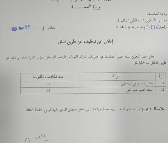 إعلان عن توظيف عن طريق النقل بمعهد التكوين شبه الطبي الشلف 2