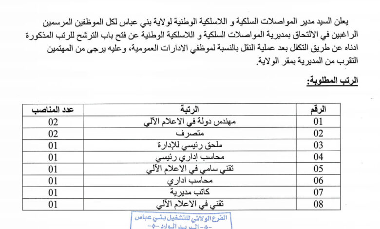 فتح الترشح للالتحاق بمديرية المواصلات السلكية واللاسلكية الوطنية بني عباس