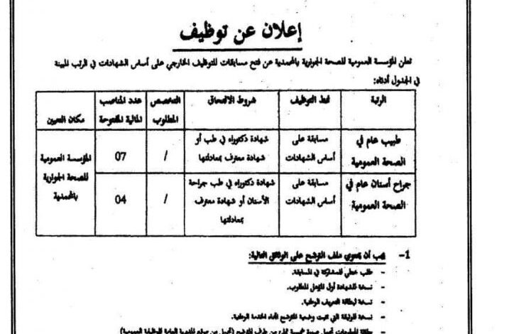 إعلان توظيف بالمؤسسة العمومية للصحة الحوارية بالمحمدية معسكر