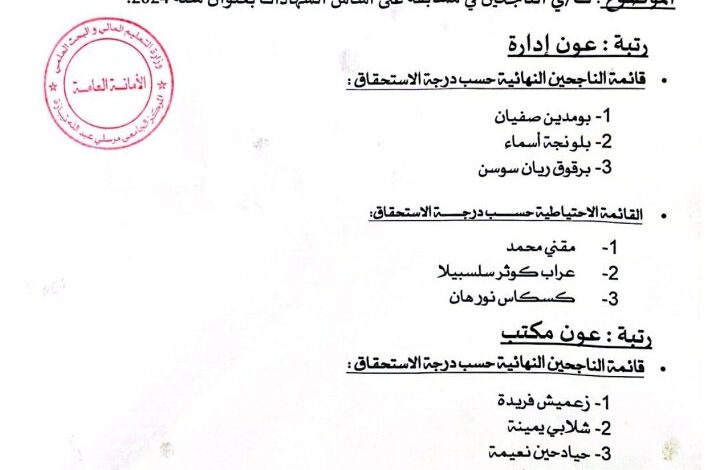 نتائج مسابقة التوظيف بالمركز الجامعي مرسلي عبد الله تيبازة