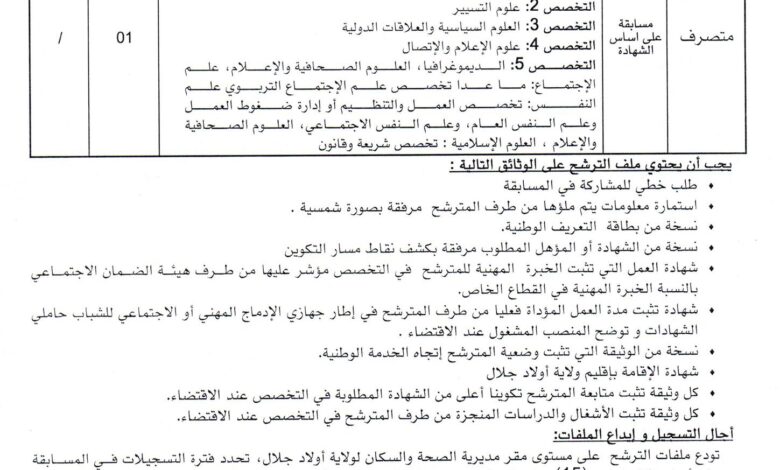 اعلان توظيف بمدير الصحة والسكان لولاية أولاد جلال