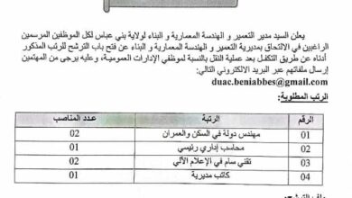 اعلان توظيف بمديرية التعمير والهندسة المعمارية والبناء لولاية بني عباس