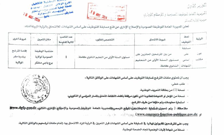 اعلان توظيف بالمديرية الوظيف العمومي لولاية برج باجي مختار