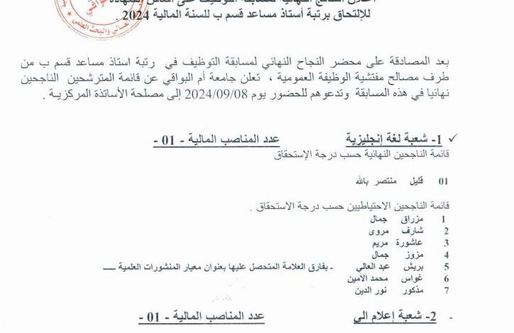 النتائج النهائية لمسابقة التوظيف للالتحاق برتبة أستاذ مساعد قسم ب جامعة أم البواقي