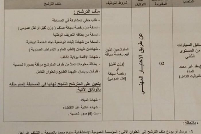 اعلان توظيف المؤسسة العمومية الاستشفائية بالصبحة الشلف