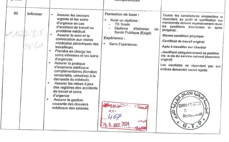 اعلان توظيف بالمؤسسة الوطنية للأشغال البترولية GTP