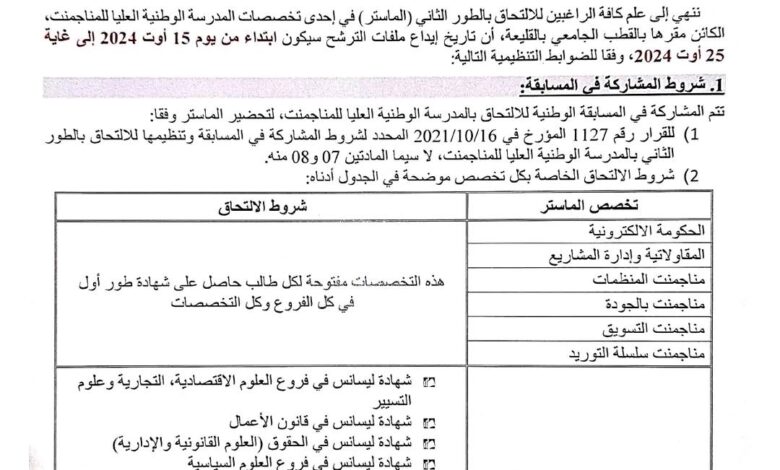 اعلان عن مسابقة وطنية للالتحاق بالطور الثاني الماستر بالمدرسة العليا للمناجمنت