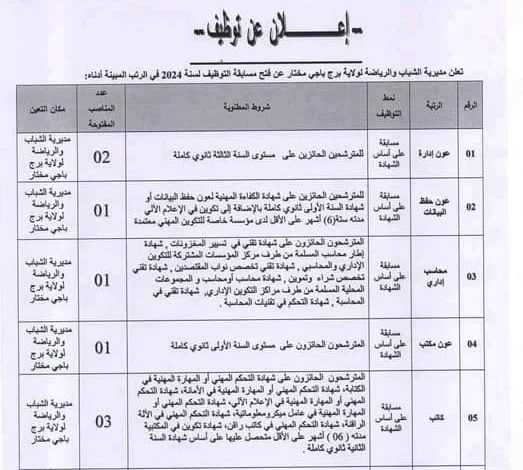 مسابقة توظيف بمديرية الشباب والرياضة لولاية برج باجي مختار 17 منصب