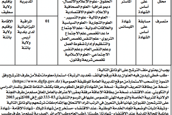 اعلان توظيف بالمديرية الجهوية للميزانية بولاية سطيف وباتنة
