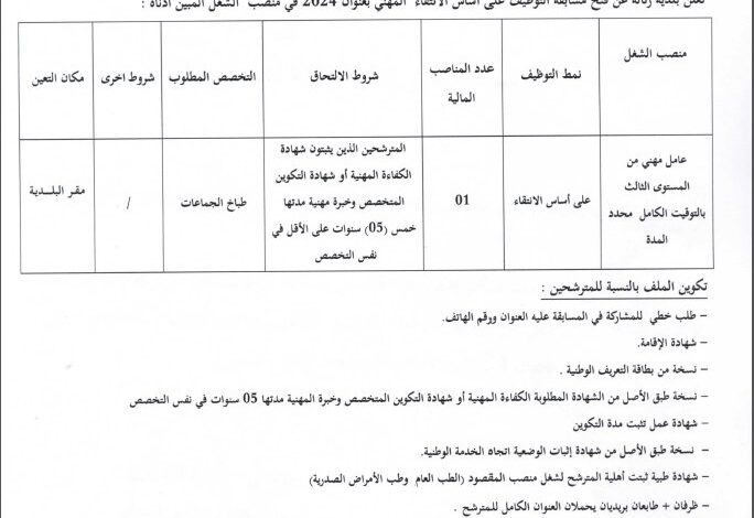 اعلان توظيف ببلدية زناتة ولاية تلمسان