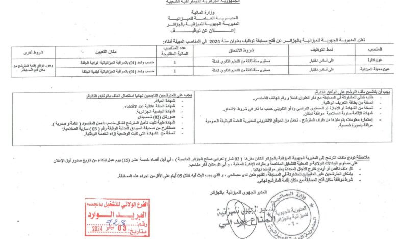 اعلان مسابقة توظيف بالمديرية الجهوية للميزانية بالجلفة