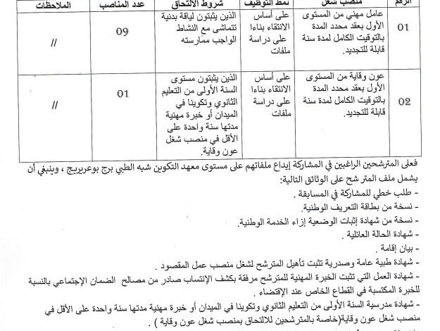 اعلان توظيف بمعهد التكوين شبه الطبي برج بوعريريج