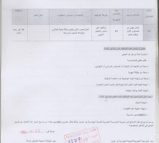 اعلان توظيف بالمؤسسة العمومية للصحة الجوارية بن عزوز سكيكدة