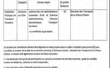 اعلان مسابقة توظيف بمديرية النقل لولاية ادرار