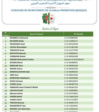 القائمة المؤقتة للمترشحين الجزائريين المقبولين لاجتياز مسابقة توظيف الدفعة 44 تخصص بنوك ب IFID.
