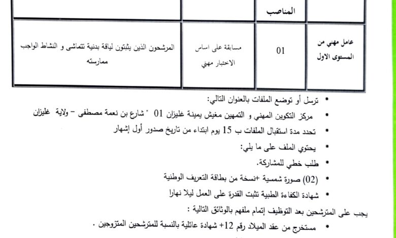 اعلان توظيف بمركز التكوين المهني والتمهين مغيش يمينة غليزان 01