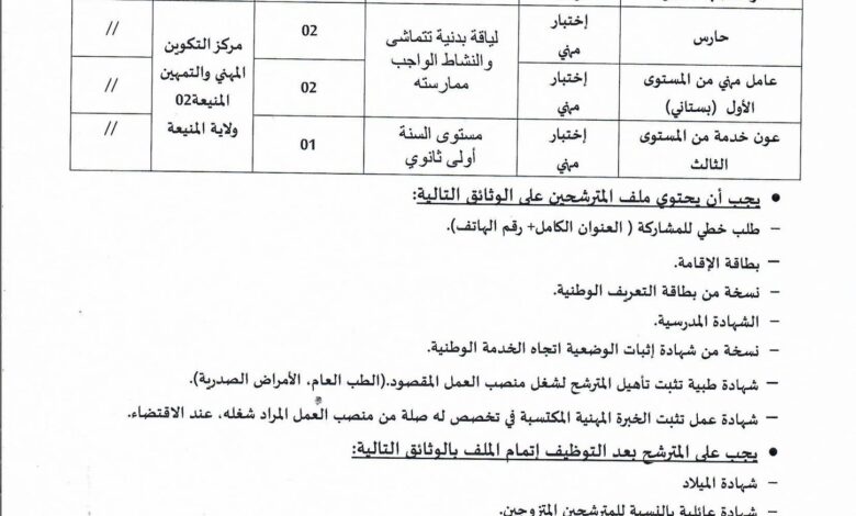 اعلان توظيف بمركز التكوين المهني رقم 02 بالمنيعة