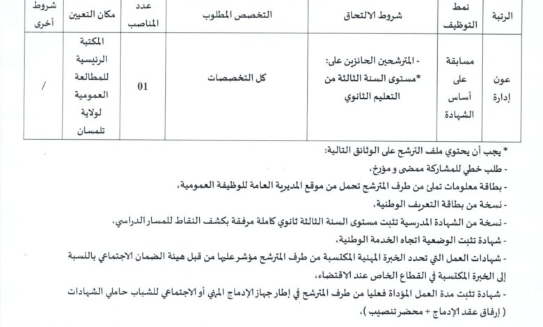 اعلان توظيف بالمكتبة الرئيسية للمطالعة العمومية لولاية تلمسان