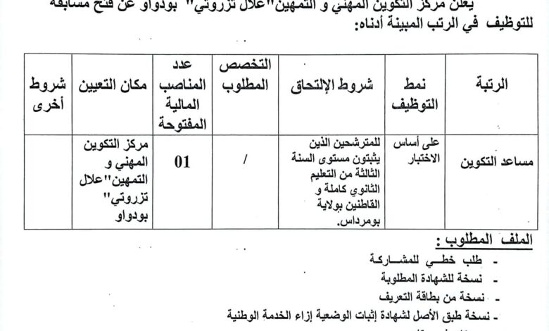 اعلان توظيف بمركز التكوين المهني علال تزروتي ببودواو بومرداس