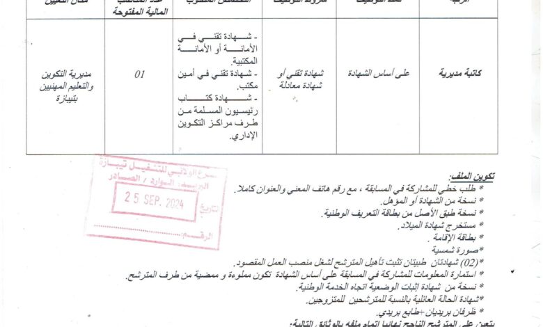 اعلان توظيف بمديرية التكوين والتعليم المهنيين لولاية تيبازة