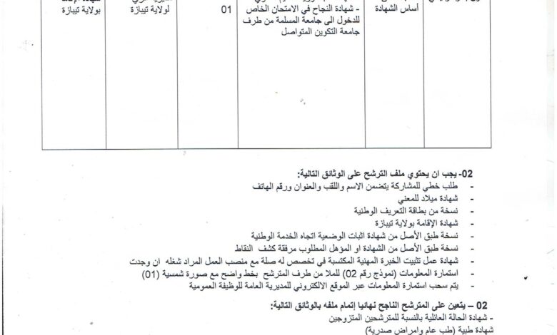 اعلان توظيف بمديرية الري لولاية تيبازة