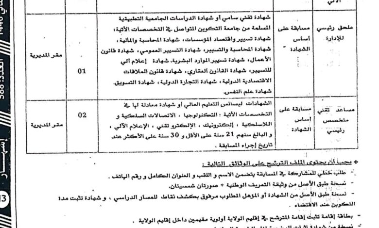 اعلان مسابقة توظيف بمديرية المواصلات السلكية واللاسلكية الوطنية لولاية المنيعة