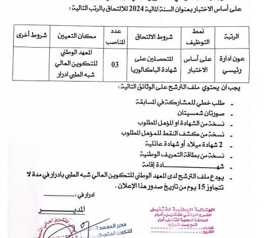 اعلان توظيف بالمعهد الوطني للتكوين العالي شبه الطبي بولاية ادرار