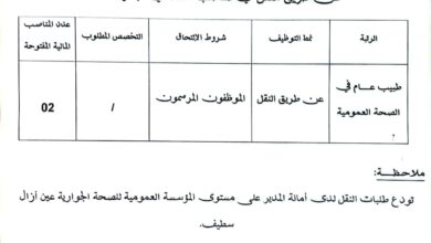 اعلان عن عملية توظيف عن طريق النقل بالمؤسسة العمومية للصحة الجوارية عين ازال سطيف