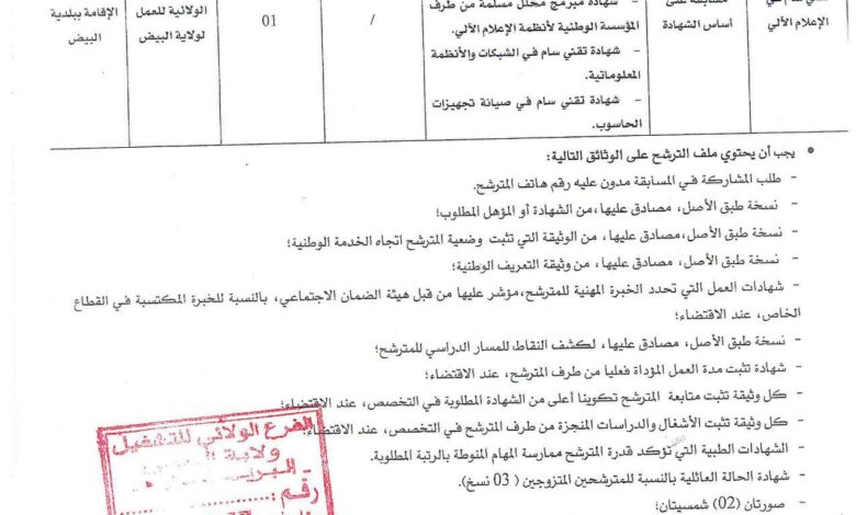 اعلان توظيف بالمفتشية الجهوية للعمل لناحية بشار