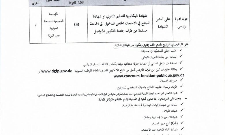 اعلان توظيف بالمؤسسة العمومية للصحة الجوارية عين التوتة باتنة