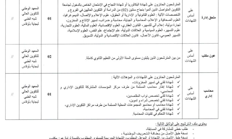 مسابقة توظيف بالمعهد الوطني للتكوين العالي شبه الطبي لبجاية اوقاس