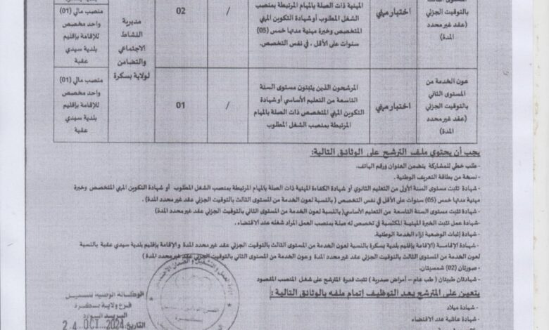 اعلان توظيف بمديرية النشاط الاجتماعي والتضامن لولاية بسكرة