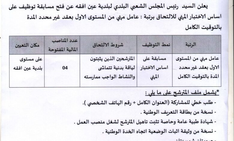 اعلان توظيف ببلدية عين افقه ولاية الجلفة