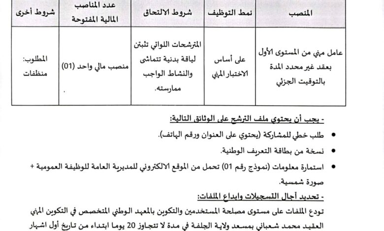 اعلان توظيف بالمعهد الوطني المتخصص في التكوين المهني مسعد بالجلفة