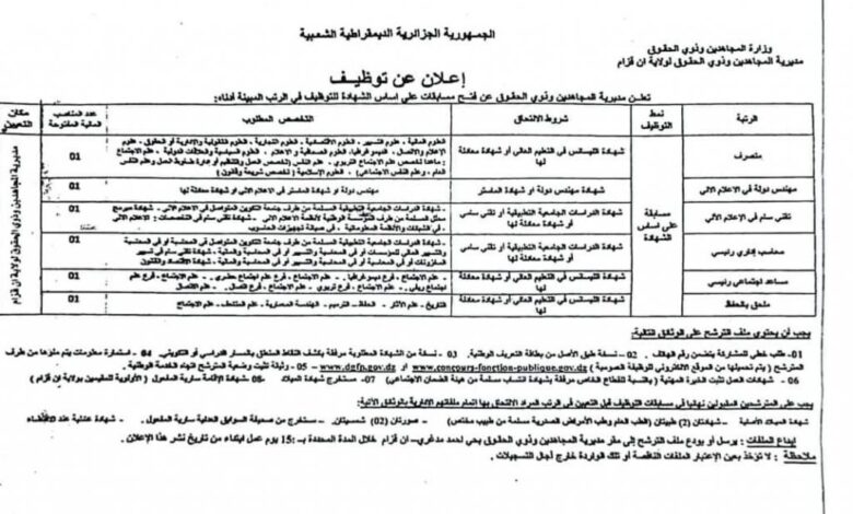 اعلان مسابقة توظيف بمديرية المجاهدين وذوي الحقوق لولاية ان قزام