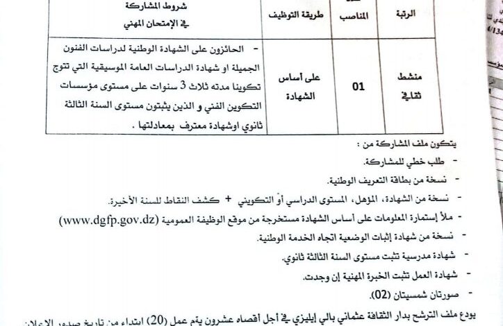 إعلان توظيف بدار الثقافة عثماني بالي إيليزي