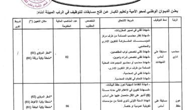 مسابقة توظيف بالديوان الوطني لمحو الأمية وتعليم الكبار الجزائر.ورقلة.الأغواط.الجلفة.قالمة.بشار