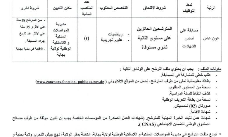 اعلان توظيف بالمديرية المواصلات السلكية واللاسلكية الوطنية لولاية بجاية