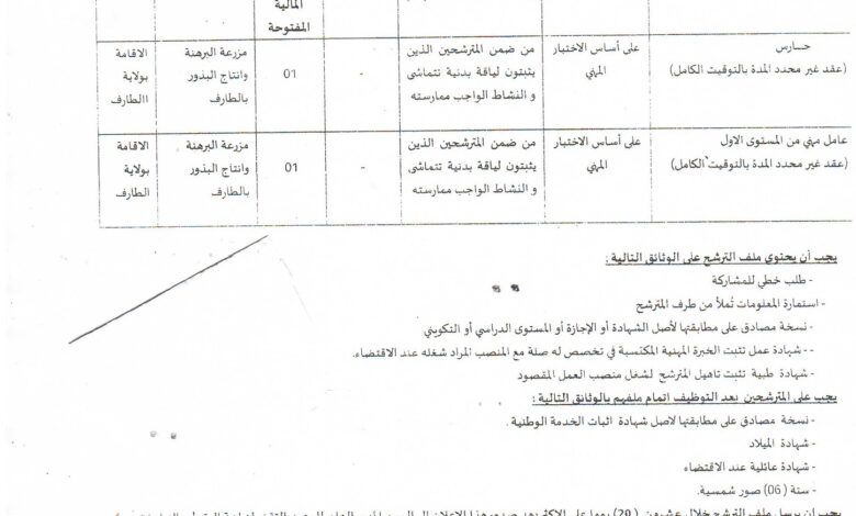 اعلان توظيف بالمعهد التقني لزراعة البقول والزراعات الصناعية الطارف
