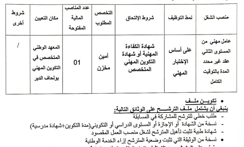 اعلان توظيف بالمعهد الوطني المتخصص في التكوين المهني تبسة