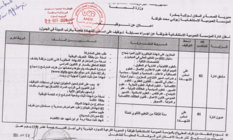 اعلان توظيف بالمؤسسة العمومية الاستشفائية طولقة بسكرة