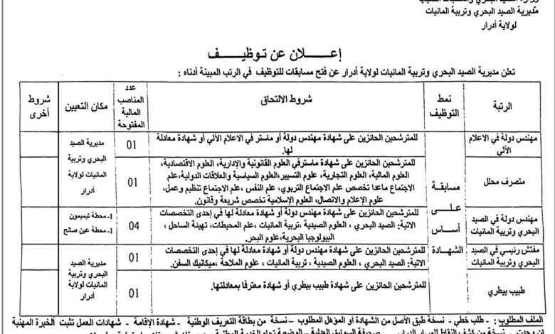 مسابقة توظيف بمديرية الصيد البحري وتربية المائية لولاية أدرار