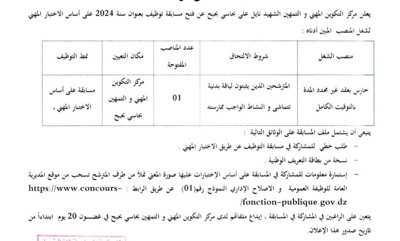 اعلان توظيف بمركز التكوين المهني والتعليم المهني حاسي بحبح بالجلفة