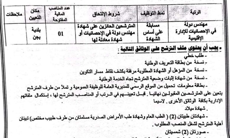اعلان توظيف ببلدية بجن ولاية تبسة