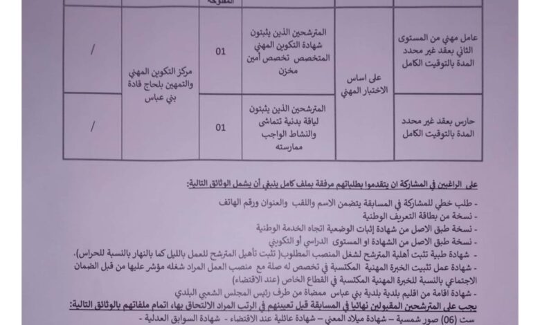 اعلان توظيف بمركز التكوين المهني والتمهين بلحاج قادة بني عباس
