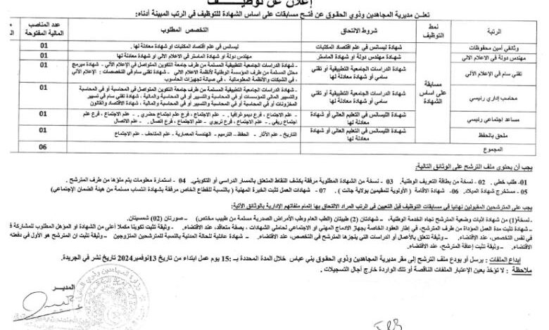 مسابقة توظيف بمديرية المجاهدين وذوي الحقوق لولاية بني عباس