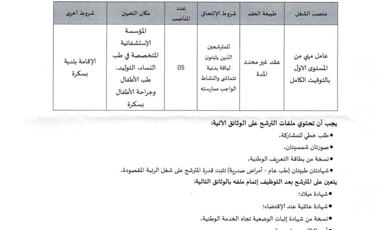 فتح توظيف المؤسسة الاستشفائية المتخصصة في طب النساء التوليد طب الأطفال وجراحة الأطفال بسكرة