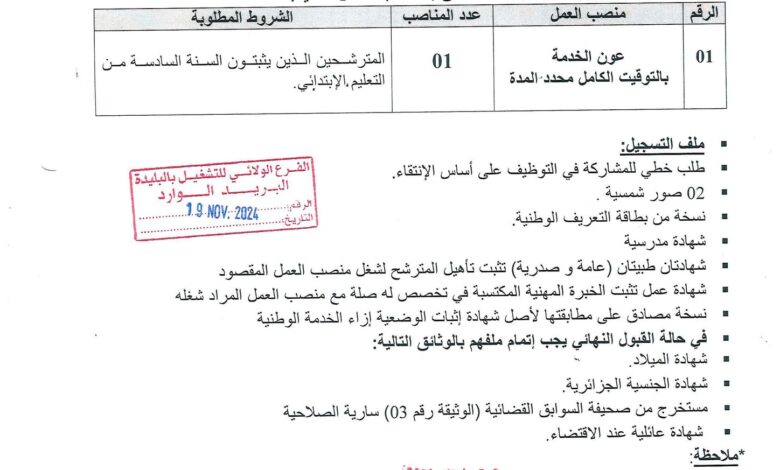 اعلان توظيف ببلدية بوعرفة ولاية البليدة