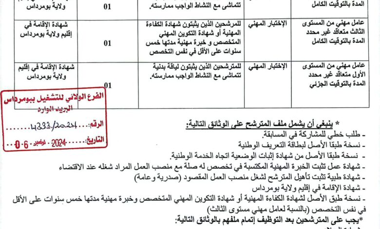 اعلان عن فتح مسابقة توظيف عن اساس اختبار مهني ببلدية تيمزريت بومرداس
