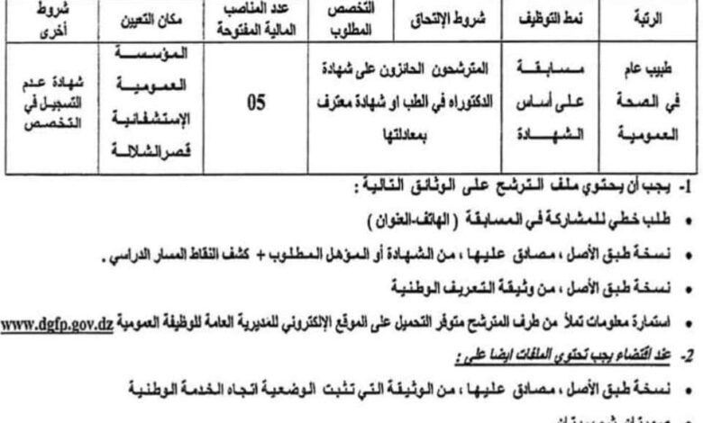 اعلان توظيف بالمؤسسة العمومية الاستشفائية بقصر الشلالة تيارت